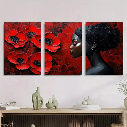 3pcs Modern Abstract Vibrant Red Poppies & Black Metal Print Ready to Hang Art