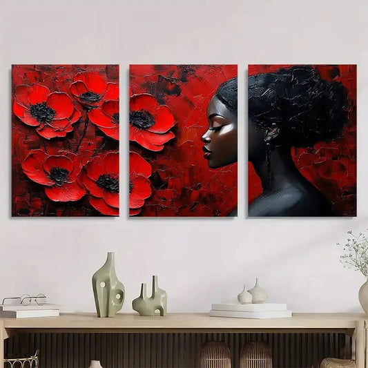 3pcs Modern Abstract Vibrant Red Poppies & Black Metal Print Ready to Hang Art