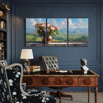 3pcs Floral Arrangement Landscape Background Metal Print Ready to Hang Art