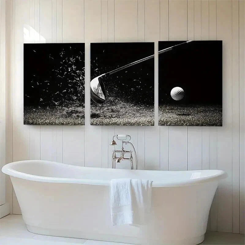 3pcs Black and White Golf Swing Sports Perfect Wall Art Set Canvas Framed 40x60cm - High Quality Print 100% Australian Made Wall Canvas Ready to Hang