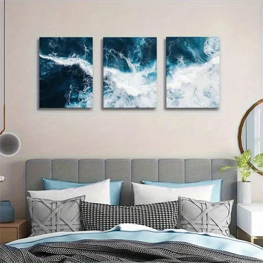 3pcs Abstract Blue and White Ocean Pattern Metal Print Ready to Hang Art