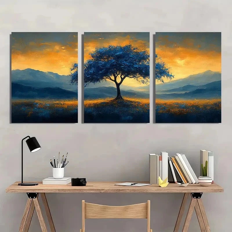 3pcs Abstract Blue Tree Landscape Wall Art Set Canvas Framed 40x60cm - High Quality Print 100% Australian Made Wall Canvas Ready to Hang