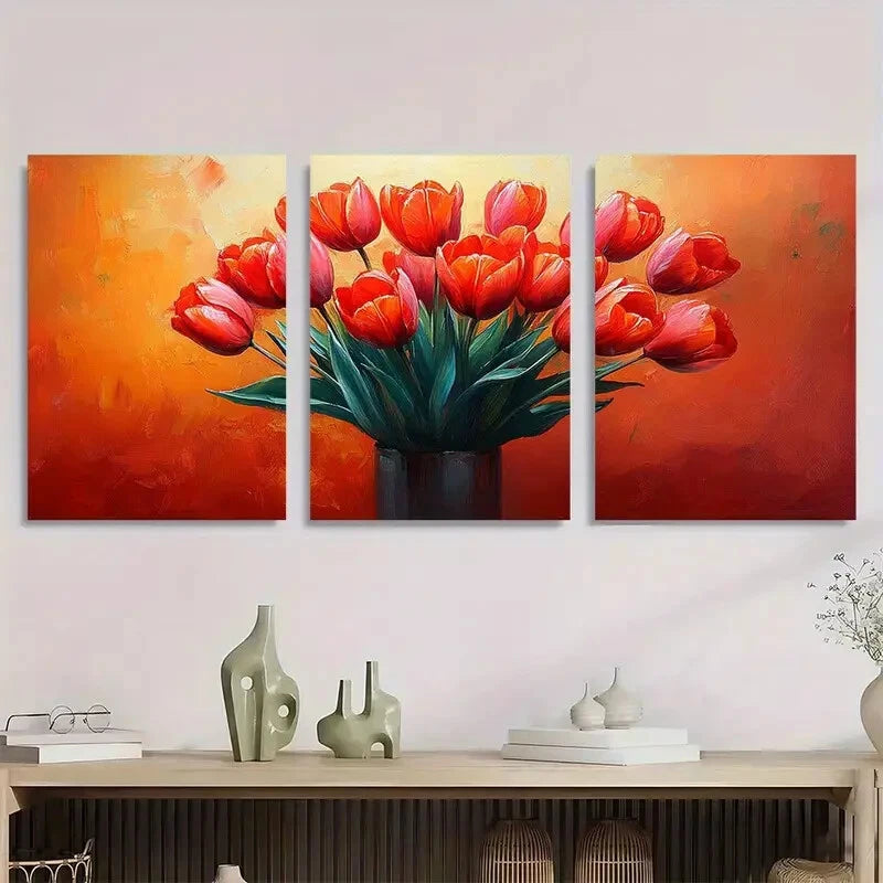 3pcs Warm Orange & Red Hues Textured Metal Print Ready to Hang Art