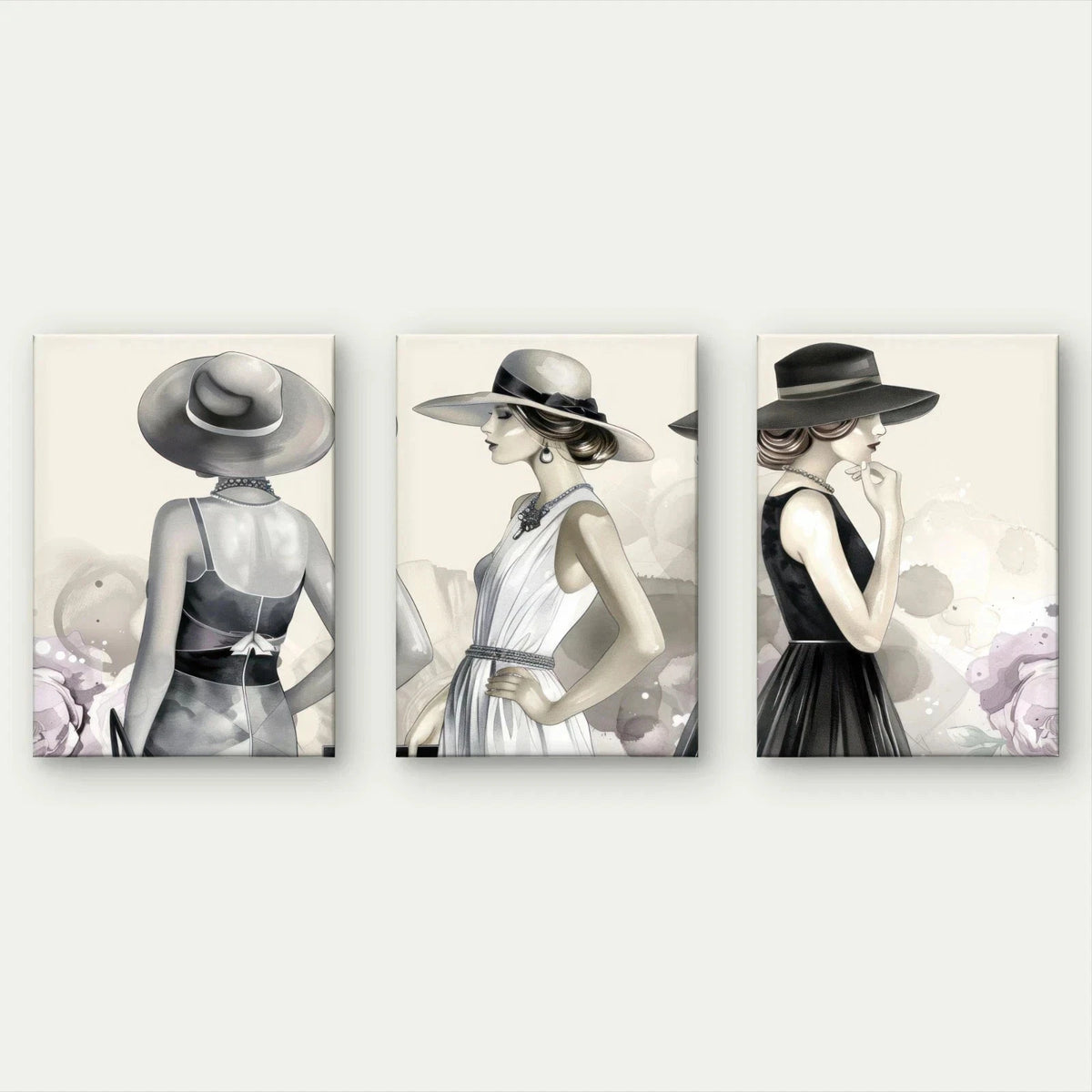 3pcs Elegant Fashion Illustration Women in Hats Wall Art Set Canvas Framed 60x90cm - High Quality Print 100% Australian Made Wall Canvas Ready to Hang