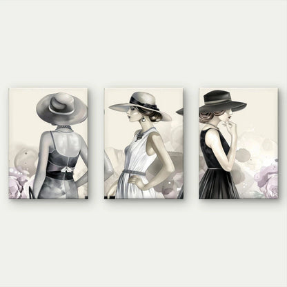 3pcs Elegant Fashion Illustration Women in Hats Wall Art Set Canvas Framed 60x90cm - High Quality Print 100% Australian Made Wall Canvas Ready to Hang