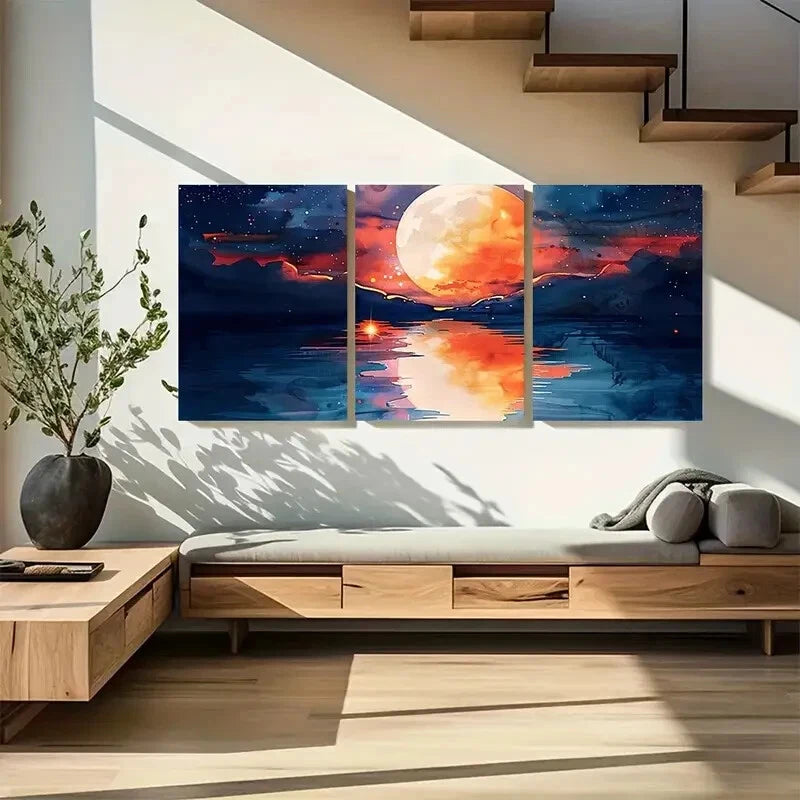 3pcs Vibrant Modern Red Full Moon Rising Metal Print Ready to Hang Art