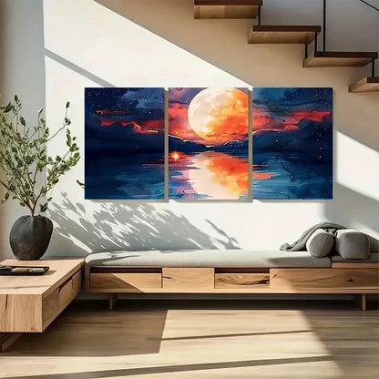 3pcs Vibrant Modern Red Full Moon Rising Metal Print Ready to Hang Art