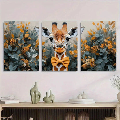 3pcs Elegant Giraffe Sophisticated Bow Tie Floral Metal Print Ready to Hang Art