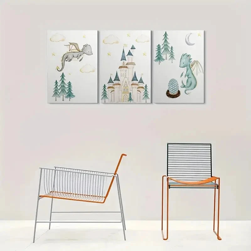 3pcs Fantasy Dragon Castle Stars and Trees Metal Print Ready to Hang Art