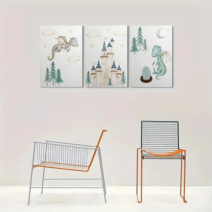 3pcs Fantasy Dragon Castle Stars and Trees Metal Print Ready to Hang Art