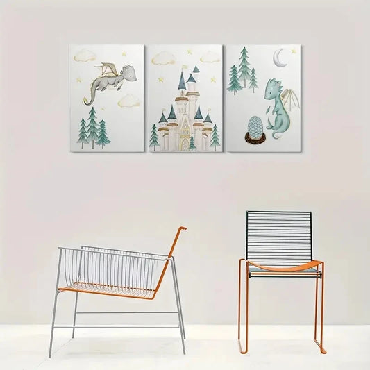 3pcs Fantasy Dragon Castle Stars and Trees Metal Print Ready to Hang Art