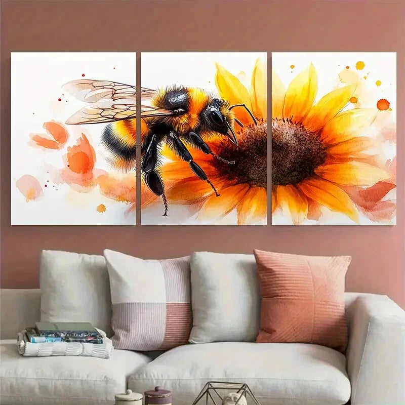 3pcs Vibrant Watercolor Bumblebee on Sunflower Metal Print Ready to Hang Art