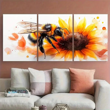 3pcs Vibrant Watercolor Bumblebee on Sunflower Metal Print Ready to Hang Art
