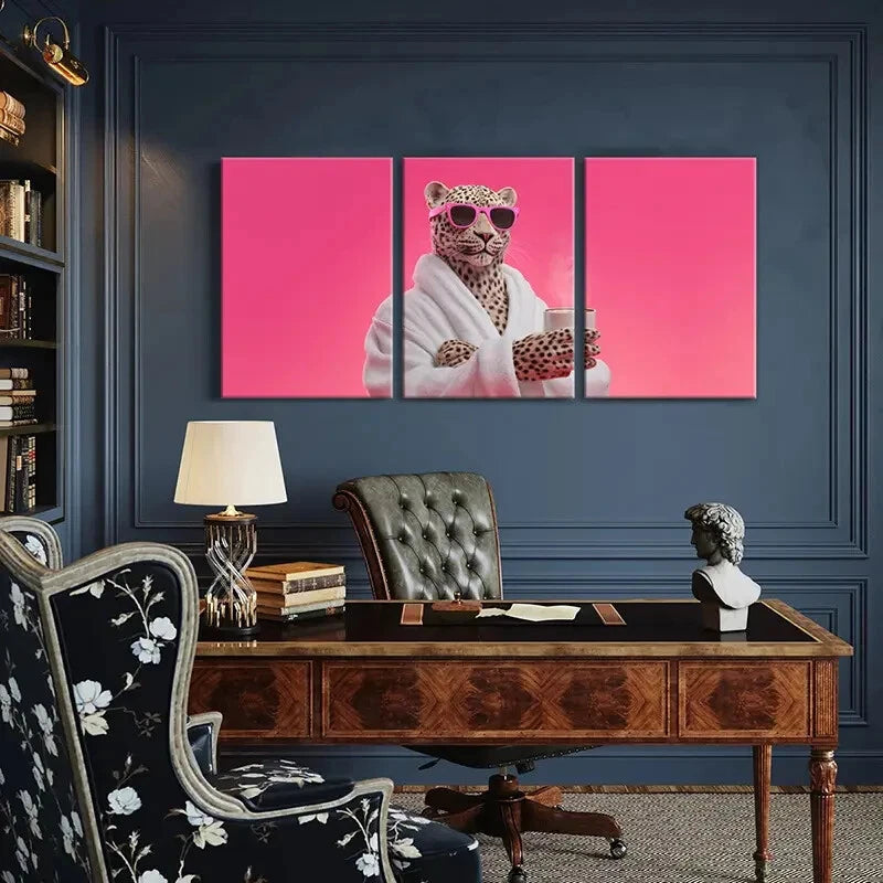 3pcs Artistic Leopard Wearing Fashion Glasses Metal Print Ready to Hang Art