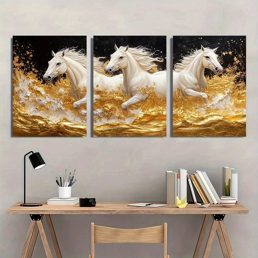 3pcs Golden Horses Modern Abstract Painting Metal Print Ready to Hang Art