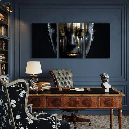 3pcs Golden Stripes Black Face Modern Abstract Metal Print Ready to Hang Art