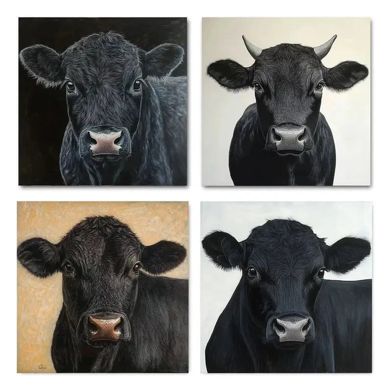 4pcs Black Angus Cow Wall Art Canvas Framed