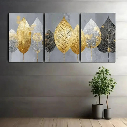 3pcs Elegant Golden and Silvery Leaves on Grey Metal Print Ready to Hang Art