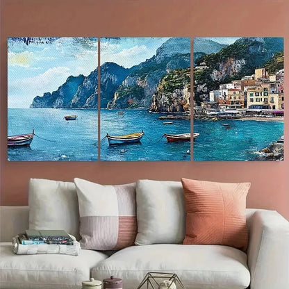 3pcs Vibrant Coastal Village with Building Design Metal Print Ready to Hang Art