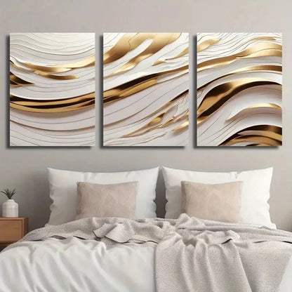 3pcs White Golden Wave Lines Creative Perfect Wall Art Set Canvas Framed 40x60cm - High Quality Print 100% Australian Made Wall Canvas Ready to Hang