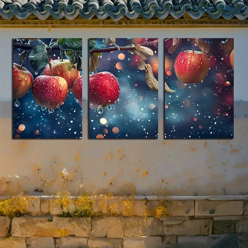 3pcs Vibrant Apples on Branches Raining Scene Metal Print Ready to Hang Art