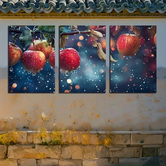 3pcs Vibrant Apples on Branches Raining Scene Metal Print Ready to Hang Art