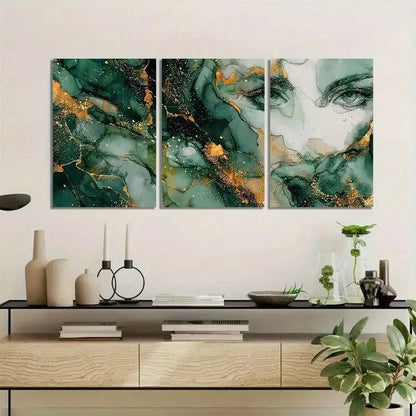 3pcs Dark Green And White Marble Style Painting Metal Print Ready to Hang Art