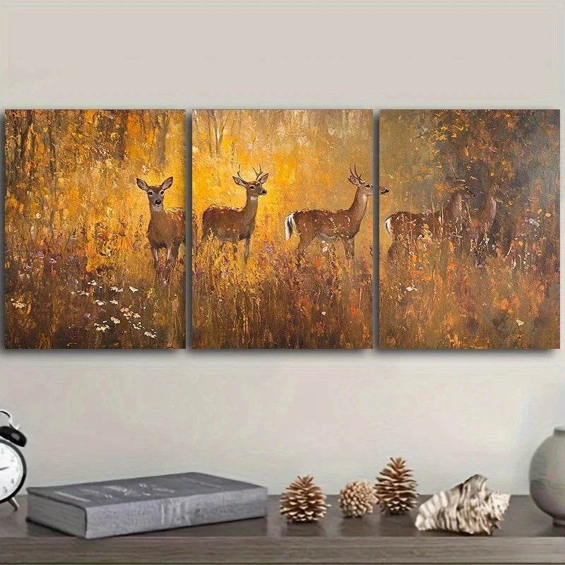 3pcs White Tailed Deer in an Autumn Forest Metal Print Ready to Hang Art