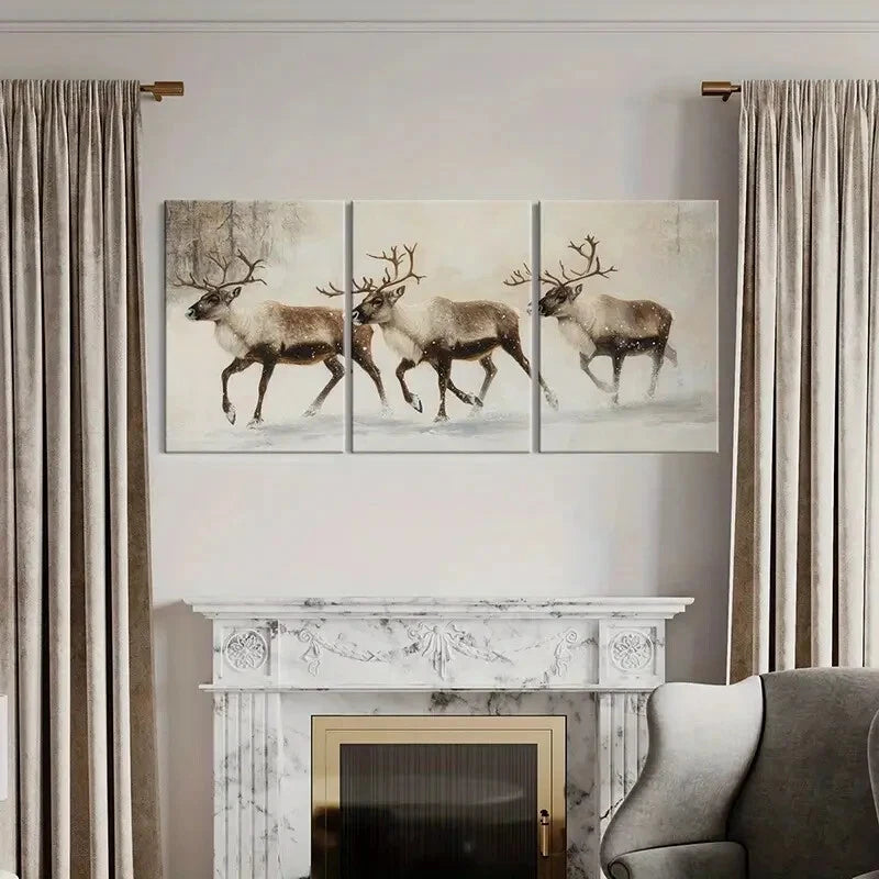 3pcs Winter Reindeer Art Snowy Landscape Metal Print Ready to Hang Art