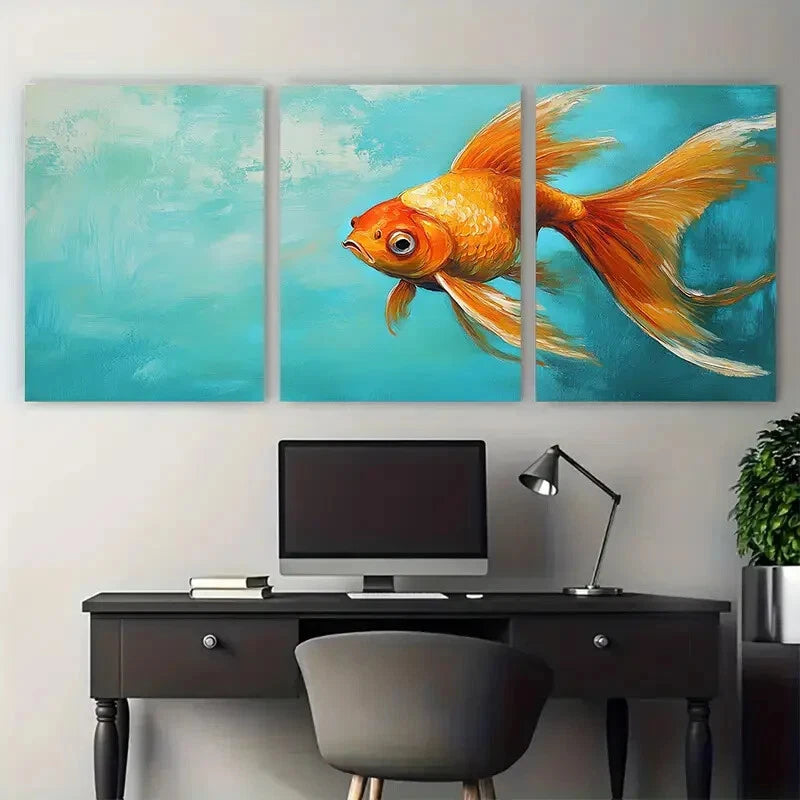 3pcs Goldfish with Blue Background Design Metal Print Ready to Hang Art