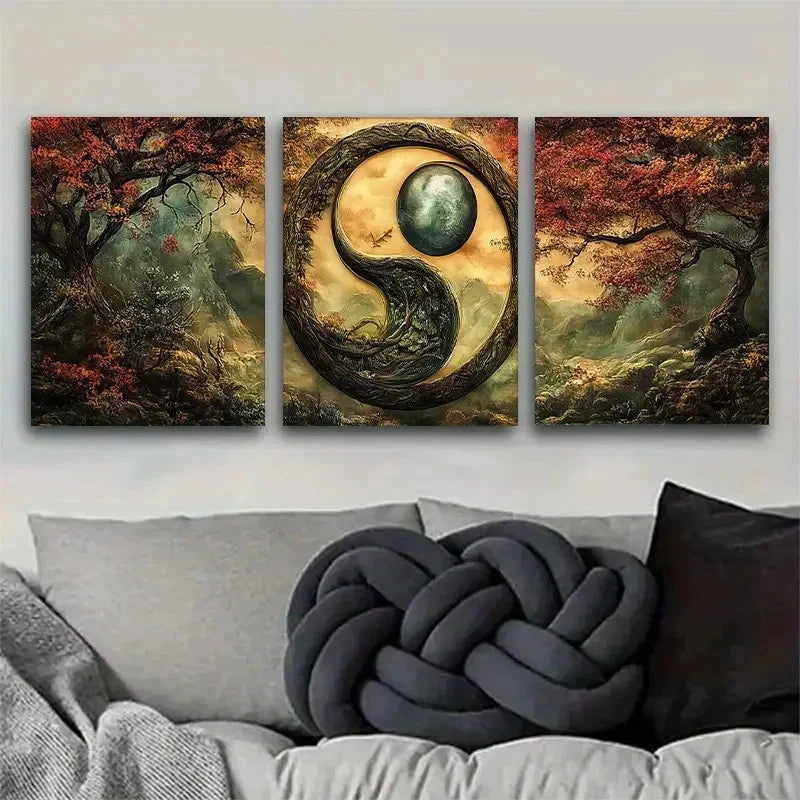 3pcs Yin and Yang in a Magical Landscape Metal Print Ready to Hang Art