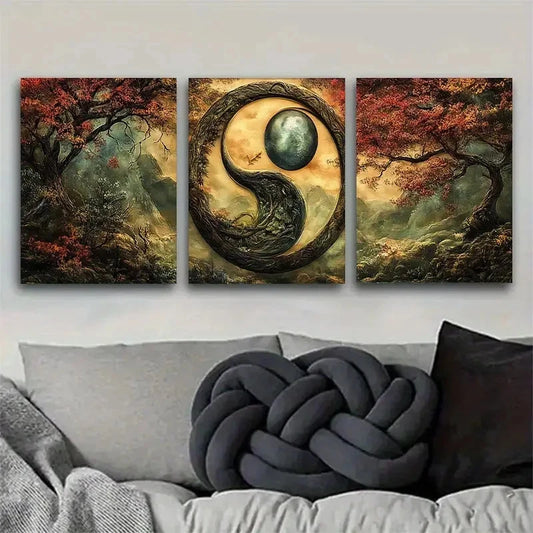 3pcs Yin and Yang in a Magical Landscape Metal Print Ready to Hang Art
