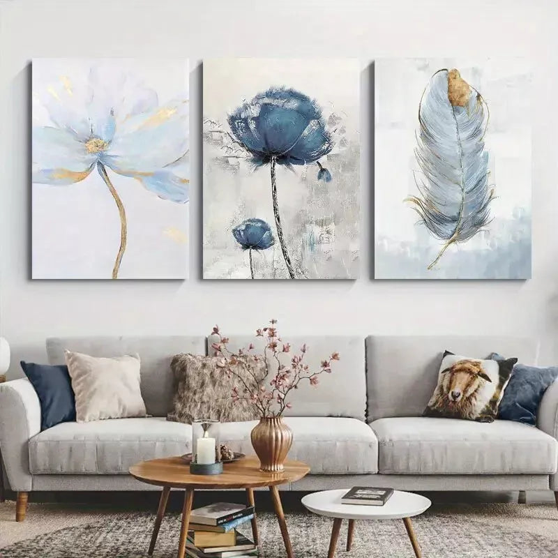 3pcs Blue Floral & Feather Abstract Canvas Framed 40x60cm - High Quality Print 100% Australian Made Wall Canvas Ready to Hang