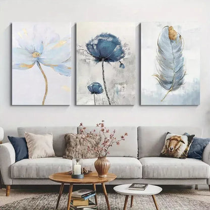 3pcs Blue Floral & Feather Abstract Canvas Framed 40x60cm - High Quality Print 100% Australian Made Wall Canvas Ready to Hang