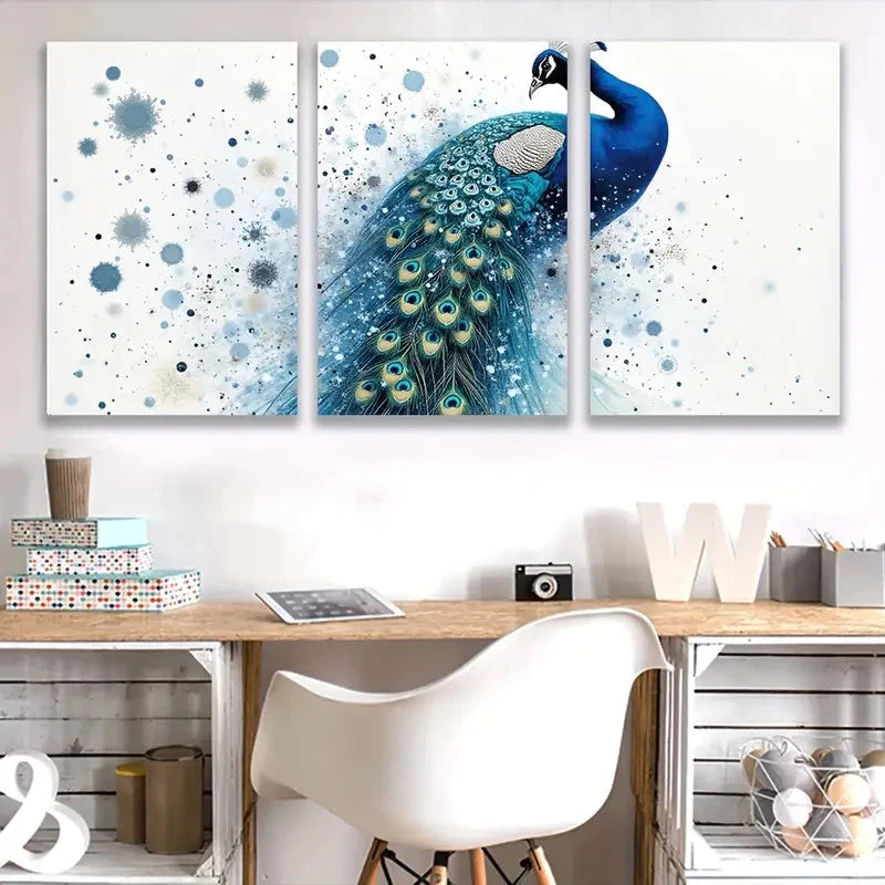 3pcs Peacock with Blue and White Feather Wall Art Set Canvas Framed 50x70cm - High Quality Print 100% Australian Made Wall Canvas Ready to Hang