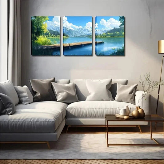 3pcs Serene Lake with Wooden Trestle Perfect Wall Art Set Canvas Framed 40x60cm - High Quality Print 100% Australian Made Wall Canvas Ready to Hang