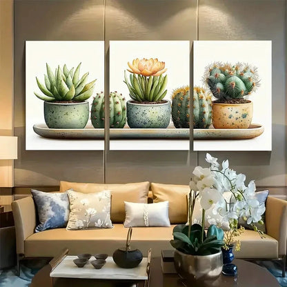3pcs Green Cactus and Florals with Vase Metal Print Ready to Hang Art