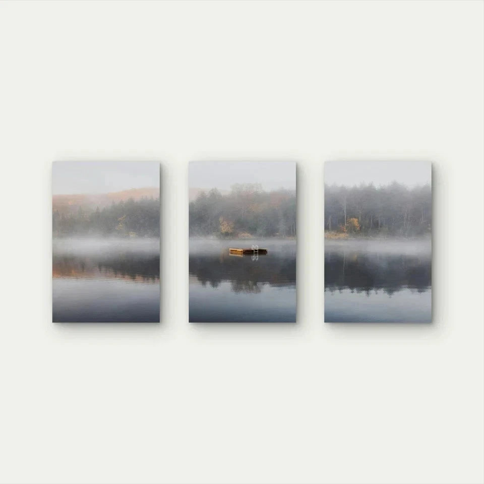 3pcs Misty Lake Landscape Forest With Boat Wall Art Set Canvas Framed 60x90cm - High Quality Print 100% Australian Made Wall Canvas Ready to Hang