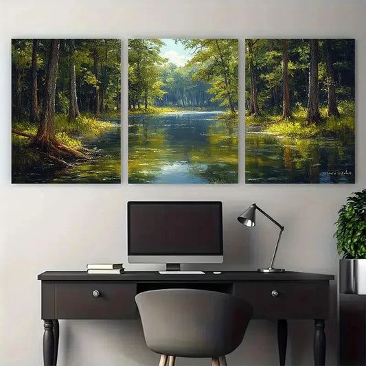 3pcs Nature Forest Swamp Trees Woods River Lake Wall Art Set Canvas Framed 40x60cm - High Quality Print 100% Australian Made Wall Canvas Ready to Hang