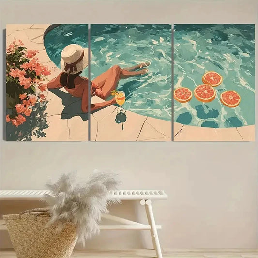 3pcs Poolside Girl Cocktail Fruit Greece Wall Art Set Canvas Framed 60x90cm - High Quality Print 100% Australian Made Wall Canvas Ready to Hang