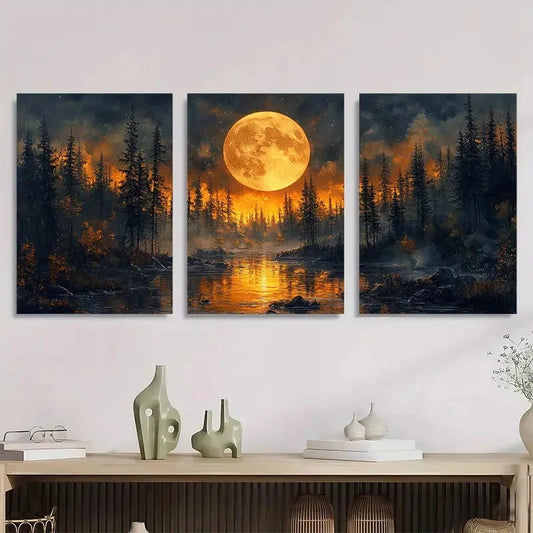 3pcs Vintage Forest Night Full Moon Metal Print Ready to Hang Art