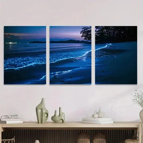 3pcs Glowing Ocean Night Scene Stunning Wall Art Set Canvas Unframed - High Quality Print 100% Australian Made Wall Canvas