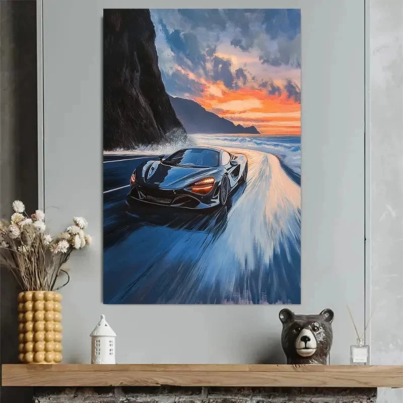 Sports Car and Sunset Seascape Racing Poster 40x60cm Metal Print Ready to Hang