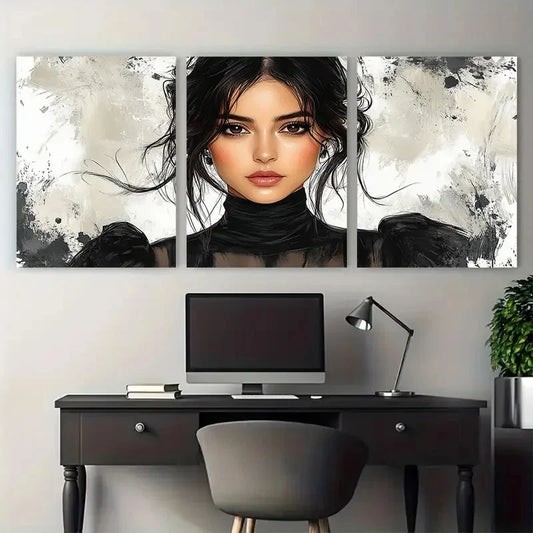 3pcs Elegant Black Pen Fashion Illustration Metal Print Ready to Hang Art