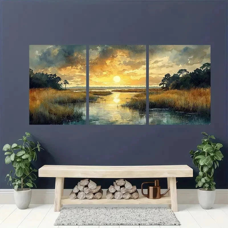 3pcs Lowcountry Marsh Landscape Perfect Wall Art Set Canvas Framed 40x60cm - High Quality Print 100% Australian Made Wall Canvas Ready to Hang