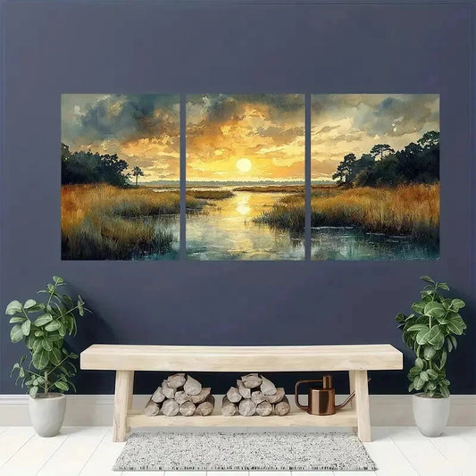 3pcs Lowcountry Marsh Landscape Perfect Wall Art Set Canvas Framed 40x60cm - High Quality Print 100% Australian Made Wall Canvas Ready to Hang