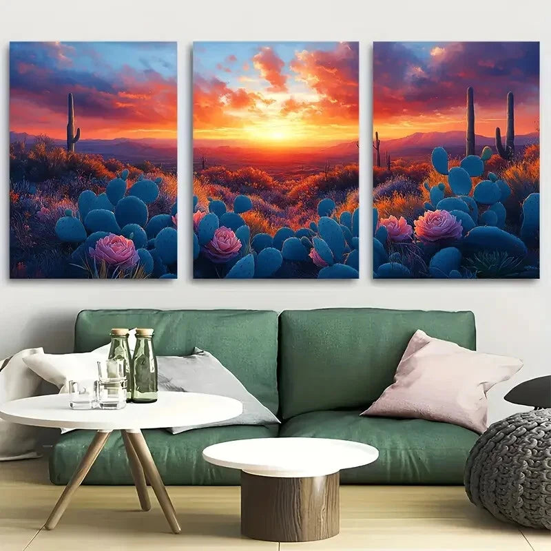 3pcs Desert Sunrise Agave Colorful Cactus Metal Print Ready to Hang Art