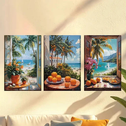 3pcs Beach with Palm Trees, Oranges & Flower Wall Art Set Canvas Unframed – High Quality Print 100% Australian Made Wall Canvas