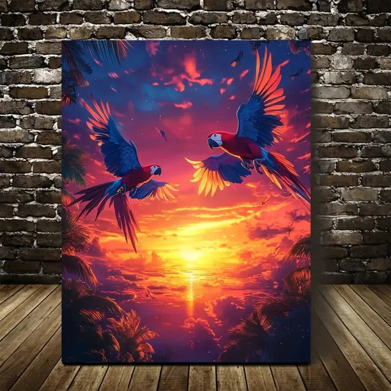 Beautiful Vibrant Parrot Sunset Scene 40x60cm Metal Print Ready to Hang