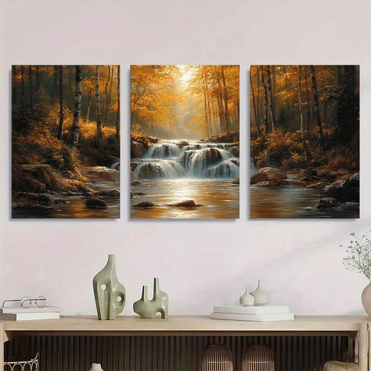 3pcs Forest Waterfall Sunlit Trees and Flowing Metal Print Ready to Hang Art